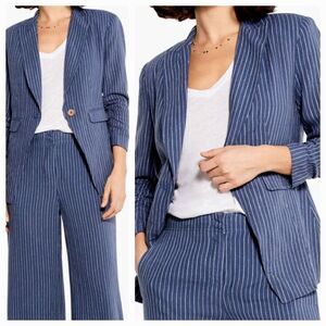 New NIC+ZOE Women (8) Blue/ White Stripe Central Park Scrunch Sleeve Jacket $188